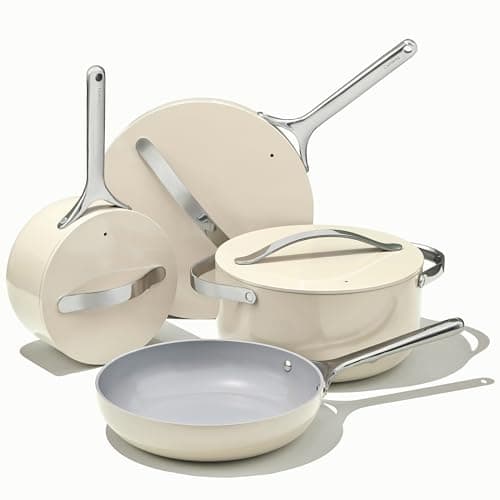 Caraway Nonstick Ceramic Cookware Set (12 Piece) Pots, Pans, 3 Lids and Kitchen Storage - Non Toxic - Oven Safe & Compatible with All Stovetops - Cream image