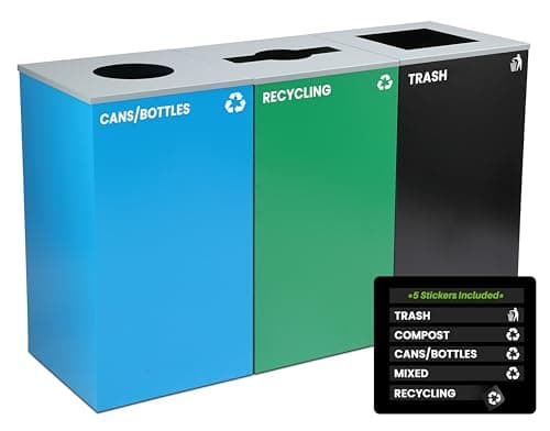 Alpine Indoor Recycling Bin -Commercial Trash Can Recycling Station Combo, Customizable 3 Compartment Metal, Large, Black, Blue, Green Recycle Trash Cans with Lids & Stickers for Office, Mall, Airport image