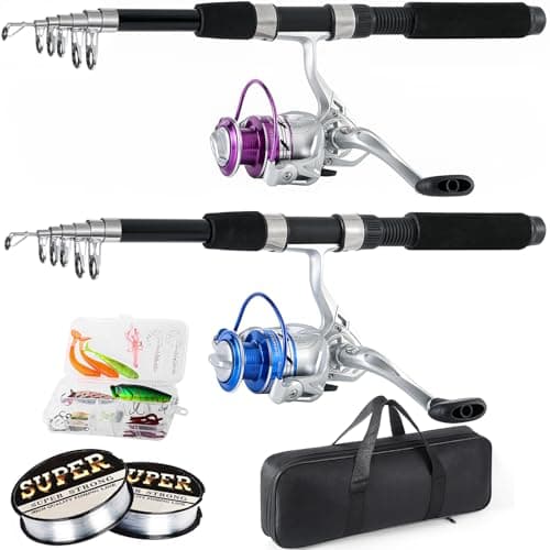 Fishing Pole Combo, 6.9ft 2Pcs Telescopic Rods Set, Collapsible Carbon Fiber Fishing Rods, 2PCS Spinning Reel Set with Carrier Bag Freshwater Fishing Rod and Reel Combos Kits (Blue and Purple) image