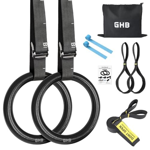 GHB Gymnastic Rings Gym Rings 1.1" Olympic Rings Adjustable Straps Pull Up Rings Sets for Workout Bodyweight Fitness Training image