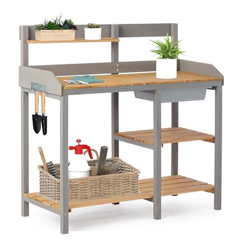 Wooden Potting Bench Table with Sink,Outdoor Garden Table Work Bench with Shelf, Workstation for Outside Lawn Patio image