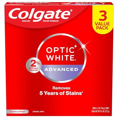 Colgate Optic White Advanced Hydrogen Peroxide Toothpaste, Teeth Whitening Toothpaste Pack, Enamel-Safe Formula, Helps Remove Tea, Coffee, and Wine Stains, Sparkling White, 3 Pack, 3.2 oz image