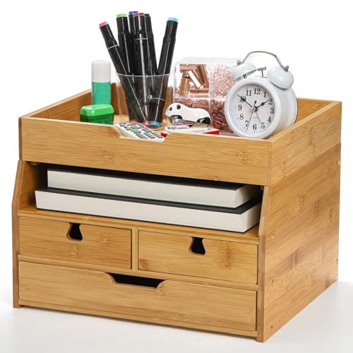 ZENFUN Bamboo Desk Organizer with Drawers, 4 Tier Original Bamboo Desktop Organizer Multifunctional Desktop File Organizer Letter Tray Holder for Home Office Supplies image