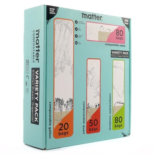 Matter Assorted Kitchen Bags 230 Count, Certified Compostable Biodegradable Eco-Friendly, Resealable Food Storage, Variety Pack, 80 Snack, 80 Sandwich, 50 Quart, 20 Gallon image