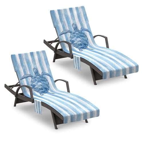 Zingtto Lounge Chair Towel Cover, Pack of 2 - Microfiber Beach Towels with Pockets, Fits Outdoor Garden Beach Hotel Pool Chairs, Non-Slip & Portable Design, 85" X 30", Sea Turtle Blue Stripe image