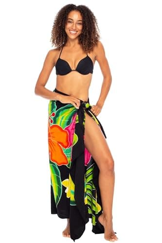 Back From Bali Womens Sarong Coverup Hand Painted Flower Swimsuit Wrap Skirt Beach Pareo with Coconut Clip (Hibiscus Black) image