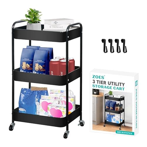 ZOES HOMEWARE 3 Tier Rolling Cart, Metal Utility Cart with 4 Hooks image