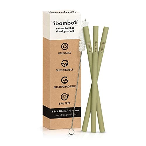 Ibambo 100% Bamboo Straws (10-Pack) - Biodegradable & Compostable 8 Inch Reusable Straws with Cleaner image