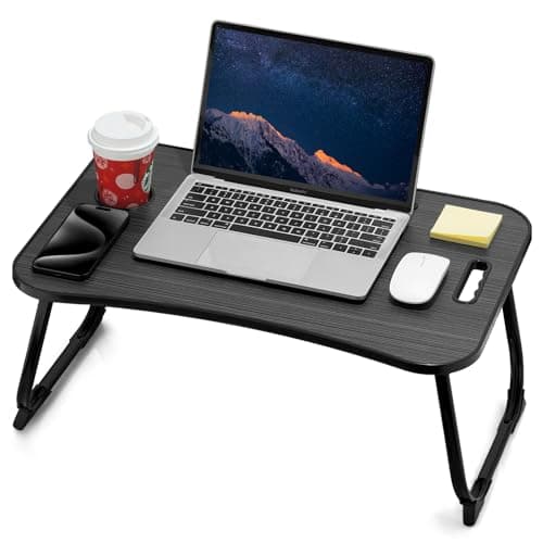 ZEAPTAC Laptop Bed Desk, Foldable Lap Table, Portable Study Table, Laptop Stand with Cup Holder & Tablet Slot & Lifting Handle for Working, Writing, Drawing & Eating - Black image
