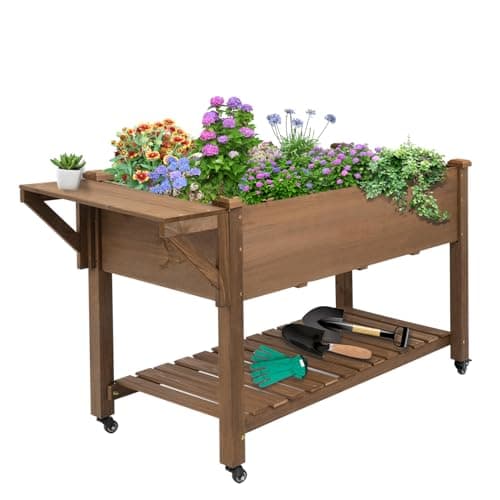 ketive Raised Garden Bed with Lockable Wheels Mobile Elevated Wood Planter, Storage Shelf, Protective Liner, 55.5x24x32in (Brown) image