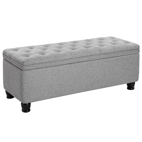 SONGMICS Storage Ottoman, Storage Bench, Tufted Entryway Bedroom Bench, 17.7 x 46.5 x 17.7 Inches, Hinges Easy Lid Operation, Wooden Legs, Linen-Look Cover, Loads 330 lb, Light Gray ULOM070G02 image
