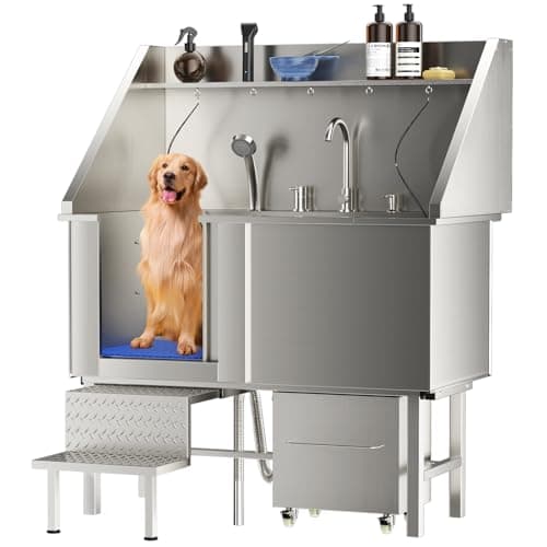 ROOMTEC 304 Stainless Steel Dog Washing Station, 50 Inch Professional Dog Grooming Tub, Pet Bathtub with Sink, Storage Drawer,Ladder image