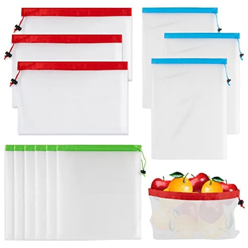 MAQIHAN 12PCS Reusable Produce Bags - Mesh Produce Bags Drawstring Reusable Washable Vegetable Storage Bags Refrigerator Keep Fresh Grocery Food Fruits Veggie Green Net Bag Toy Storage Zero Waste Shop image