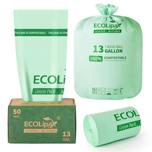 ECOLipak 13 Gallon Compostable Trash Bags, 50 Count (1 Roll) Biodegradable Heavy Duty Bathroom Kitchen Trash Garbage Bags for Home/Office, US BPI ASTM D6400 and OK Compost Home Certified image