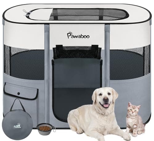 Dog Playpen, Portable Pet Playpen Cat PlayPen, 600D Oxford Dog Kennel Tent Crate, Waterproof&Breathable, Indoor Outdoor Travel Camping Use for Medium/Large Breed with Carrying Case+Folding Bowl,L,Gray image