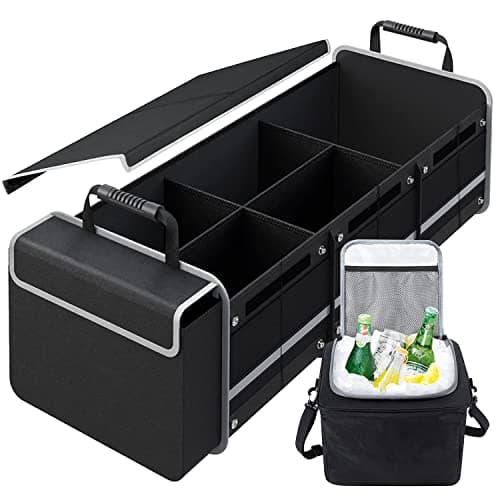Car Trunk Organizer,115L Heavy Duty Collapsible Trunk Storage, with Insulated Leakproof Cooler Bag Vehicle Cargo Organizer with Lid, 3 Compartments, Straps For Car,Suv,Jeep,Sedan-Black image