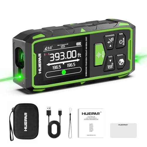 Huepar Dual Laser Measuring Tool, 393Ft Green-Beam Bilateral Digital Laser Distance Measure 6 Units Ft/in/M, Rechargeable Laser Measurement Tool -Backlit LCD Display, Length/Area/Volume/Angle Sensor image