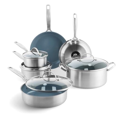 GreenPan Treviso 10 Piece Cookware Set, Non-Toxic PFAS-Free Stainless Steel Ceramic Nonstick Coating, Induction Suitable, Pots, Pans Lids, Sauté & Saucepans, Multi Clad, Dishwasher & Oven Safe image