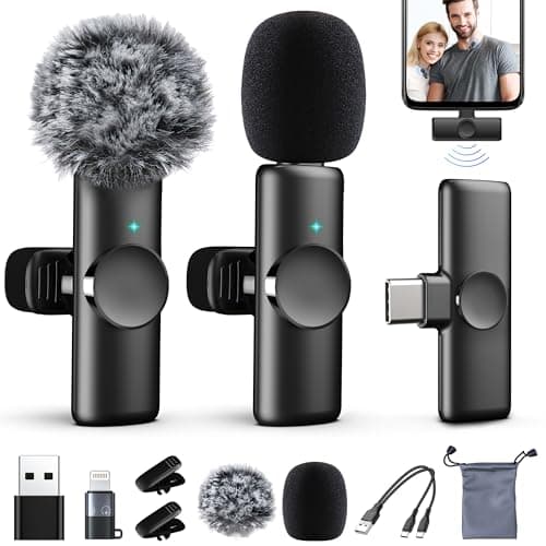 CHRIMEFLAME 2 Packs Wireless Lavalier Microphone for iPhone 15/iPad/Android/Phone/PC/Laptop, Plug-Play Mini Mic with Noise Reduction, Lapel USB C Microphone for Video Recording, Interview, Vlogging image