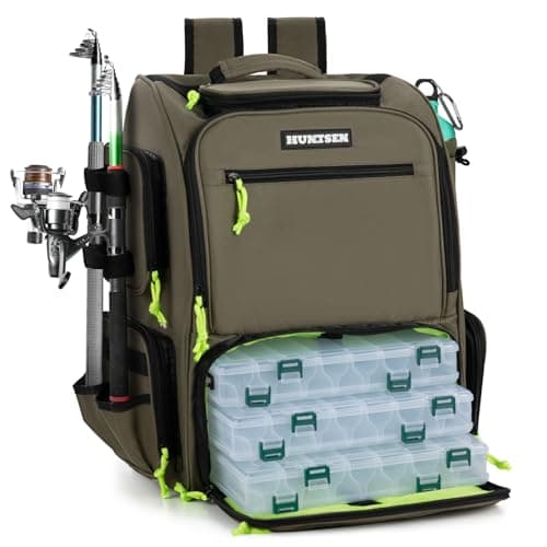 HUNTSEN Fishing Tackle Backpack - 43L Large Waterproof Fishing Bag with Rod Holders & 3 Tackle Boxes - Fish Tackle Storage Bag with Rain Cover Fishing Gear and Gifts For Men For Fishing Camping Hiking image
