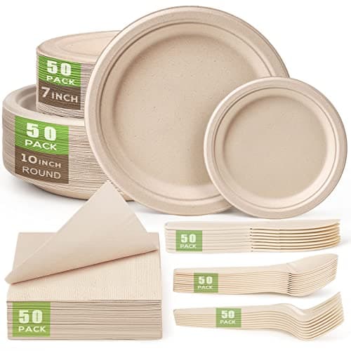 Gezond Compostable Paper Plates Set 300 Pieces Disposable Plates 10-inch Eco-friendly Paper Plates Heavy-duty Utensils and Napkins for Party, Made From Sugarcane Pulp image