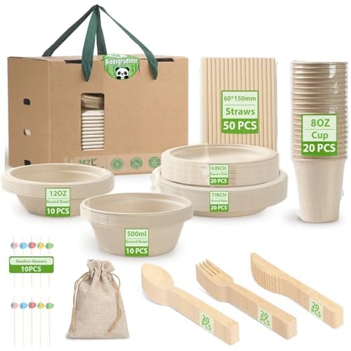 200pcs Compostable Paper Set Eco-friendly Heavy-duty Disposable Plates Cutlery Utensils, Bamboo Plates Bowls Forks Knives Spoons Cups Straws fruit sticks for Wedding Party Picnic image