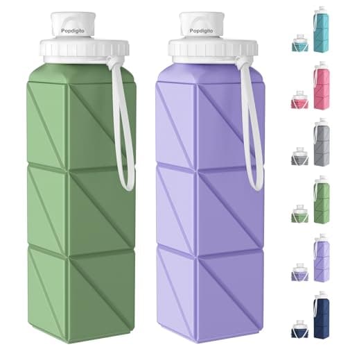 Popdigito 2 pack Collapsible Water Bottles Leakproof Lid –Food-Grade BPA-Free Silicone Travel Bottles–Foldable Water Bottle 610ml for Travel Gym,Hiking,Sports,Camping,Biking School Portable Reusable image
