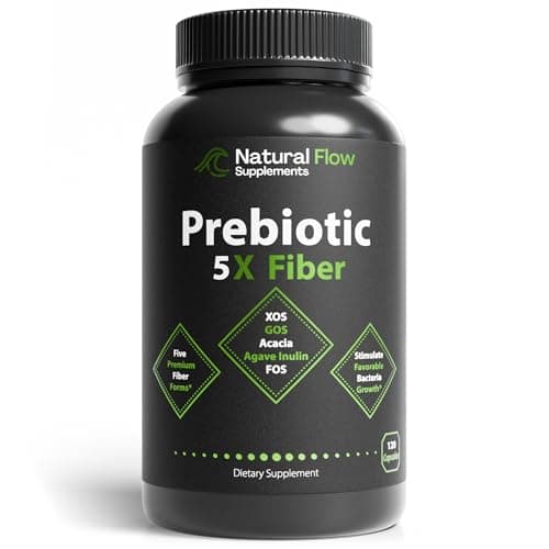 Prebiotic Fiber Supplement 5-in-1 Capsules - Natural Flow 5X Fiber XOS, GOS, FOS, Acacia and Agave Inulin, Daily Soluble Fiber Formula for Gut Support and Boost Good Bacteria Diversity, 120 Caps image