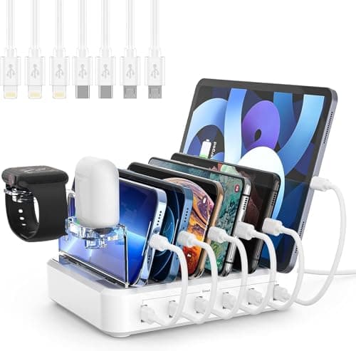 Charging Station for Multiple Devices, 60W 6 Port Charger Station with 7 Mixed Charging Cables, USB Charging Dock, Compatible with Cellphone, Tablet, Kindle, iPhone iPad and More (White) image