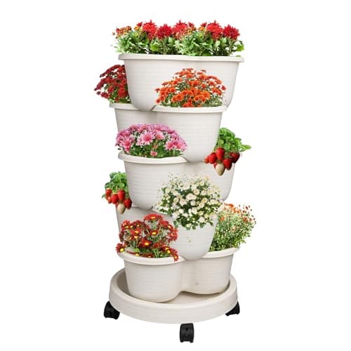 Hourleey Strawberry Planter, 5 Tier Stackable Garden Tower for Flowers, Vegetables, Grow Your Own Herb Garden Vertical Oasis of Vegetables and Succulents image