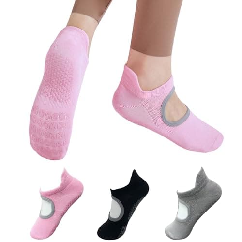 WAJIAFAR Grip Pilates Socks for Women Non Slip Open Top Yoga Socks with Grips for Barre Dance Barefoot 3 Pairs (Black & Gray & Pink) image