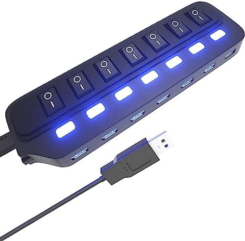 ONFINIO USB Hub 3.0, 7 Port USB Hub Splitter with Individual On/Off LED Switches, 5Gbps HighSpeed Data USB Extension for Laptop, iMac, USB Flash Drives, Mobile HDD, Printer, Camera and More image