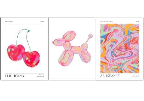 Pink Preppy Wall Art Posters Set of 3 Trendy Cute Balloon Dog Cherry Canvas Prints Modern Colorful Abstract Aura Painting Retro Pop Decor image