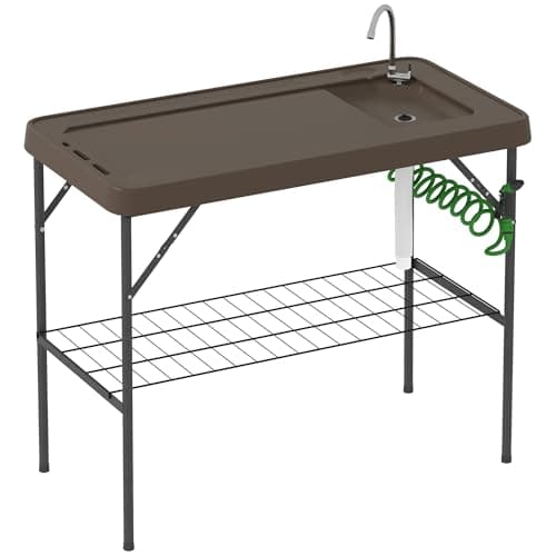 Outsunny Folding Fish Cleaning Table with Sink, Portable Camping Sink Station with Faucet, Drainage Hose, Sprayer and Grid Rack, Outdoor Fillet Table for Picnic Beach Patio, Tan image