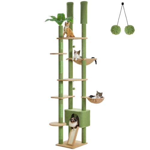 PEQULTI Tall Cat Tree, Floor to Ceiling Cat Tree Tower Adjustable [90.5''-100.4''=230-252CM] with Cat Condo, Cat Hammock and Scratching Post, Climbing Tree for Indoor Large Cats, Green image