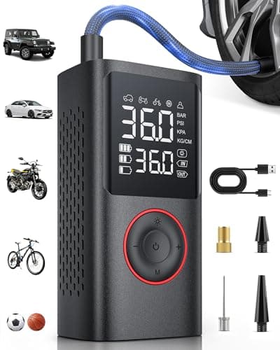 Powools Tire Inflator Portable Air Compressor, 150 PSI Cordless Mini Bike Tire Pump, Air Pump for Auto, Motorcycle, Bicycle, Balls with Pressure Gauge&LED Light, Black, Medium image