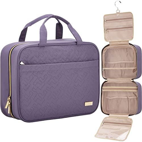 NISHEL Travel Toiletry Bag for women, Portable Hanging Organizer for Full-Sized Shampoo, Conditioner, Brushes Set, Makeup Accessories, Large Size, Purple image