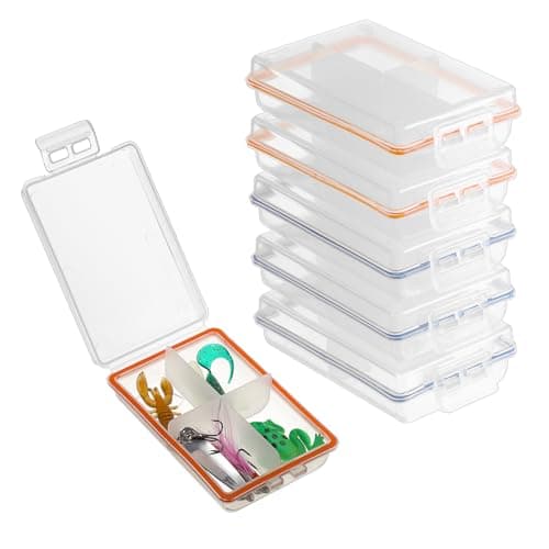 JUXYES Pack of 6 Plastic Small Fishing Tackle Box Organizer with 4 Compartments, Clear Mini Fishing Tackle Storage Boxes with Dividers, Transparent Fish Pocket Tackle Storage Box Lure Box image