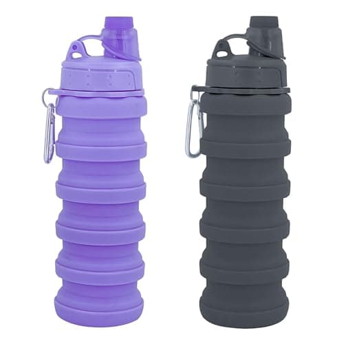 YCTMALL Collapsible Water Bottles Two Pack Travel Sports Portable Sport Water Bottle comes with mountaineering Buckle 500ml silicone Water-proof camping water bottle (Purple and Grey Color) image