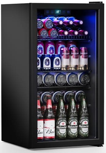 Manastin Beverage Refrigerator Cooler-120 Cans Freestanding Mini Fridge Cooler with Glass Door, Adjustable Shelves & Digital Temperature Display for Soda, Wine or Beer (Black, 3.2 Cu.Ft) image