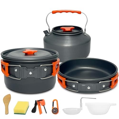 Amomb Camping Cookware Set, Non-Stick Lightweight Camping Pot and Pan Set with Stainless Steel Kettle Plates Spoon for Backpacking, Hiking, Outdoor Cooking and Picnic image