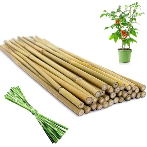 [32 Pcs] Garden Stakes, 18 Inches Natural Bamboo Plant Stakes, Plant Support Stakes with Twist Ties, Bamboo Sticks for Tomatoes, Beans, Flowers, Potted Plants, Indoor and Outdoor Climbing Plants image