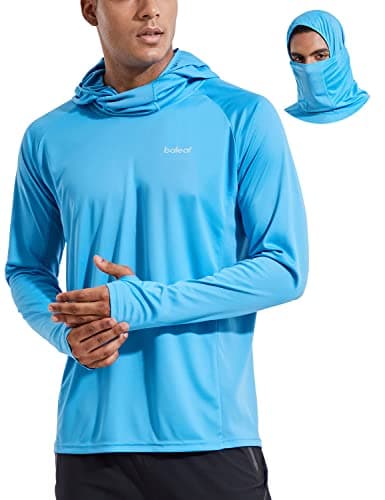 baleaf Mens UV SPF Hoodie Shirt, UPF 50+ Sun Protection T-Shirts with Mask Rash Guard Fishing Lightweight, 02-Blue, Large, Long Sleeve image