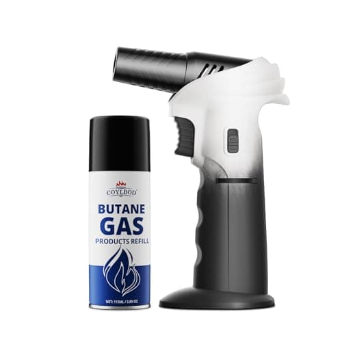 CoYlBod Butane Torch Lighter with Butane Included, 115Ml Butane Refill, 0-90°Rotating Angle Kitchen Torch, Refillable Creme Brulee Torch with Safety Lock, Adjustable Flame for Soldering, Cooking. image