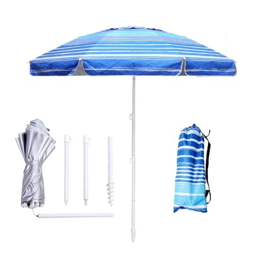 LOTTAFUN 6.5ft Beach Umbrella - Heavy Duty Wind Resistant UV 50+ Portable Sun Shade with Sand Anchor & Carry Bag, Outdoor Folding Umbrella for Beach, Pool, Patio, Garden (Blue Stripe) image