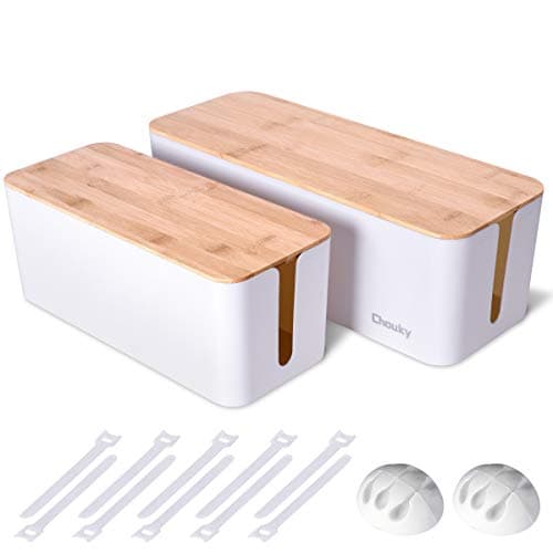 2 Pack Large Cable Management Box – Wooden Style Cord Organizer and Cover for TV Wires, Computer, Router, USB Hub and Under Desk Power Strip – Safe ABS Material and Baby-Pets Proof Lock (White) image