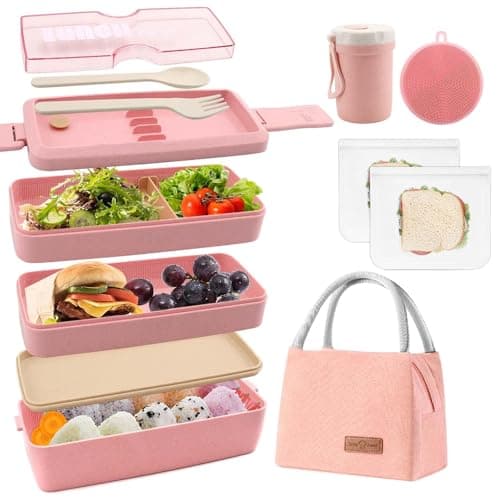 Meltset M Bento Box Japanese Lunch Box Kit Leakproof Bento Lunch Box for Kids Adults Wheat Straw 3 Layer Stackable Lunch Containers with Compartment Eco-Friendly Meal Prep Containers (Pink) image