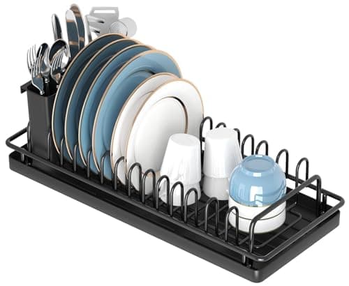 XYZLVSI Small Dish Drying Rack, Compact Dish Rack Sink Drying Rack with Silicone Mat, Dish Drainer Dish Organizer for Kitchen Counter & Over Sink, Stainless Steel, Black image