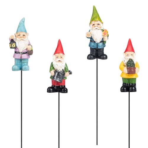 Ovewios Garden Gnome Statue, Resin Miniature Gnome Set of 4PCS, Figurine with Garden Stakes for Lawn Patio Yard Outdoor Home Decor image