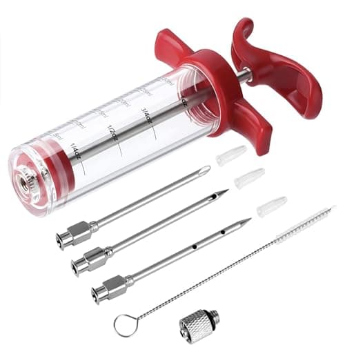 Meat Injector Syringe - 3 Marinade Injector Needles for BBQ Grill, Premium Portable Turkey Injector kit for Smoker, Marinades Injector for Meats With 1oz Large Capacity 1 Brush Easy to Use & Clean Red image